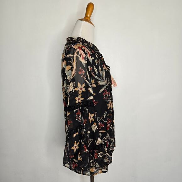 Anthropologie Maeve Odette Blouse Black Floral Bell Sleeves Crochet Women Medium - Picture 3 of 13